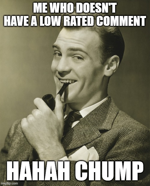 Could never be me... | ME WHO DOESN'T HAVE A LOW RATED COMMENT; HAHAH CHUMP | image tagged in smug,smug-ass look,funny,memes,offensive,get rekt | made w/ Imgflip meme maker