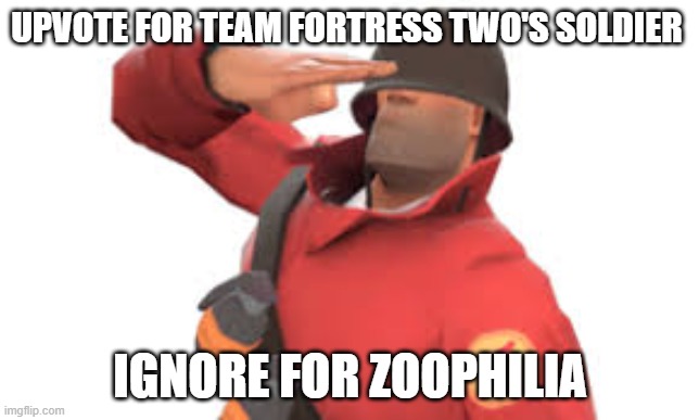 Tf2 soldier salute | UPVOTE FOR TEAM FORTRESS TWO'S SOLDIER; IGNORE FOR ZOOPHILIA | image tagged in tf2 soldier salute | made w/ Imgflip meme maker