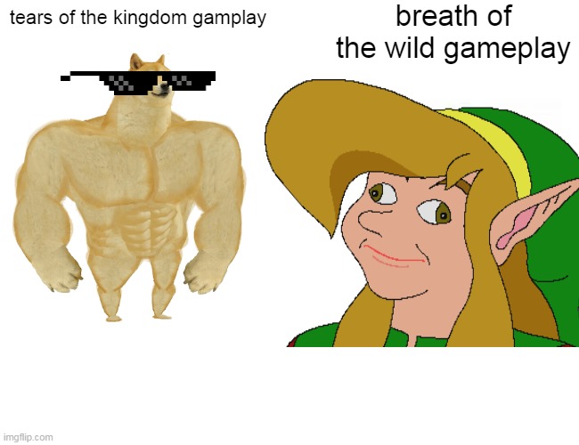 bruh | breath of the wild gameplay; tears of the kingdom gamplay | image tagged in memes,buff doge vs cheems | made w/ Imgflip meme maker