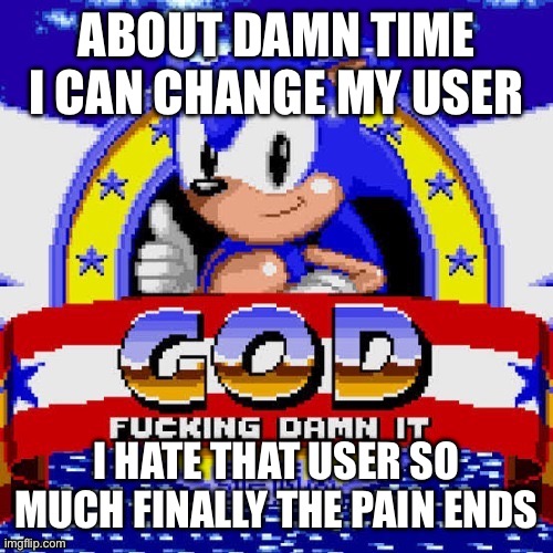 god fucking damn it | ABOUT DAMN TIME I CAN CHANGE MY USER; I HATE THAT USER SO MUCH FINALLY THE PAIN ENDS | image tagged in god fucking damn it | made w/ Imgflip meme maker