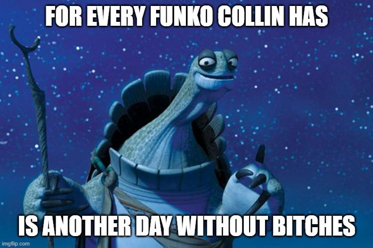 Master Oogway | FOR EVERY FUNKO COLLIN HAS; IS ANOTHER DAY WITHOUT BITCHES | image tagged in master oogway | made w/ Imgflip meme maker