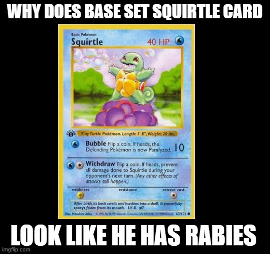 It's just unsettling | WHY DOES BASE SET SQUIRTLE CARD; LOOK LIKE HE HAS RABIES | image tagged in pokemon,memes,funny,gifs | made w/ Imgflip meme maker