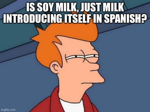Futurama Fry | IS SOY MILK, JUST MILK INTRODUCING ITSELF IN SPANISH? | image tagged in memes,futurama fry | made w/ Imgflip meme maker