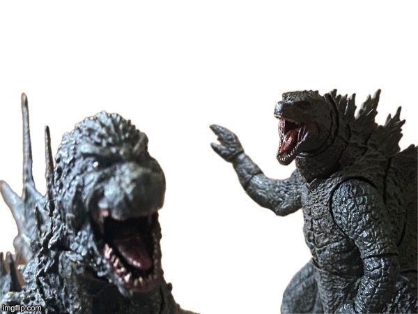 Made a new template that I’m very proud of | image tagged in godzilla minus one and legendary godzilla pointing | made w/ Imgflip meme maker