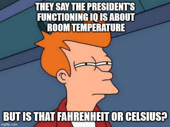 The specs of mirror fogging matter. | THEY SAY THE PRESIDENT'S
 FUNCTIONING IQ IS ABOUT

 ROOM TEMPERATURE; BUT IS THAT FAHRENHEIT OR CELSIUS? | image tagged in memes,futurama fry,joe biden | made w/ Imgflip meme maker