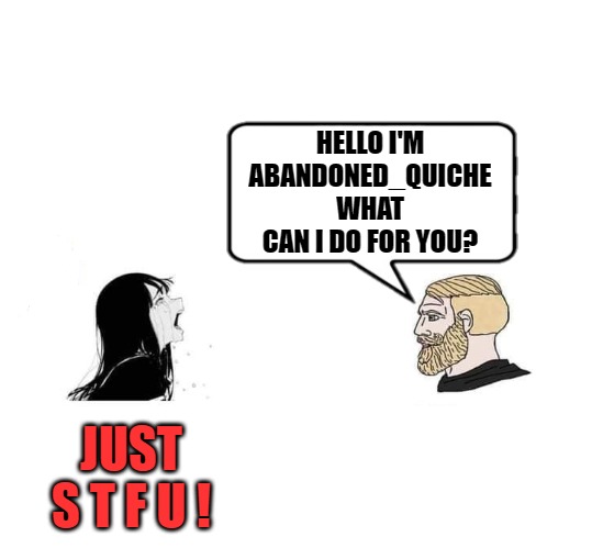 HELLO I'M ABANDONED_QUICHE WHAT CAN I DO FOR YOU? JUST S T F U ! | made w/ Imgflip meme maker
