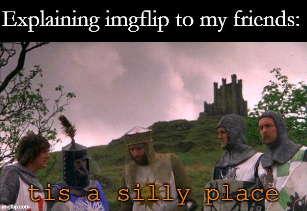 monty python tis a silly place | Explaining imgflip to my friends:; tis a silly place | image tagged in monty python tis a silly place | made w/ Imgflip meme maker