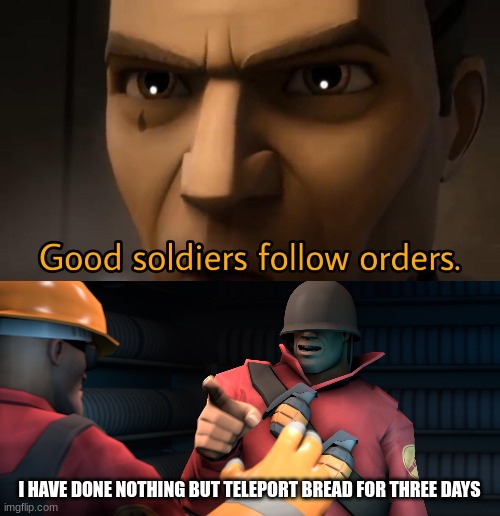 I HAVE DONE NOTHING BUT TELEPORT BREAD FOR THREE DAYS | image tagged in good soldiers follow orders,i have done nothing but teleport bread for three days | made w/ Imgflip meme maker