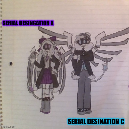 okay, re-introducing, X and C. also if ya wanna rp, use an Murder Drones character plz. it can be custom, idc. btw their twins | SERIAL DESINGATION X; SERIAL DESINATION C | image tagged in don't mind if i do | made w/ Imgflip meme maker