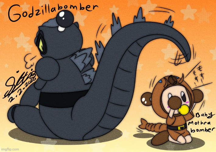 Mothra Larva Bomber playing with Godzilla Bomber's tail (Art by Sitinuramjah) | made w/ Imgflip meme maker