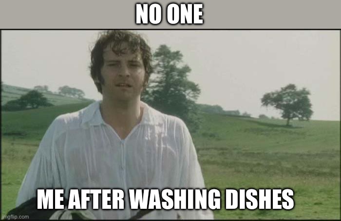 Darcy Wet Shirt | NO ONE; ME AFTER WASHING DISHES | image tagged in darcy wet shirt | made w/ Imgflip meme maker
