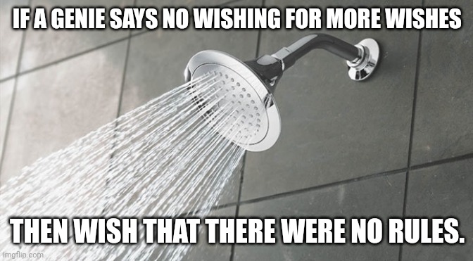 Remember this | IF A GENIE SAYS NO WISHING FOR MORE WISHES; THEN WISH THAT THERE WERE NO RULES. | image tagged in shower thoughts,genie rules meme | made w/ Imgflip meme maker