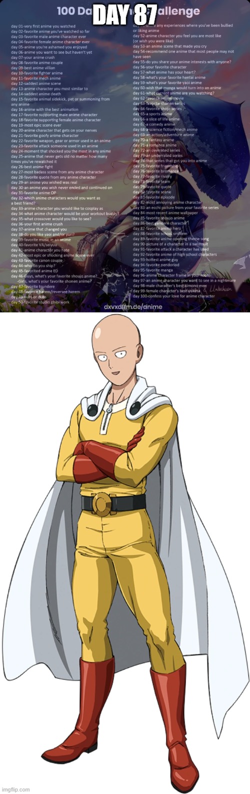Day 87: Saitama (One Punch Man) | DAY 87 | image tagged in 100 day anime challenge | made w/ Imgflip meme maker