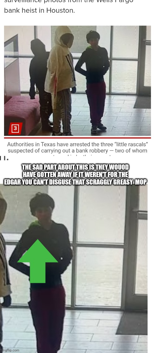 Edgar crisis | THE SAD PART ABOUT THIS IS THEY WOUOD HAVE GOTTEN AWAY IF IT WEREN'T FOR THE EDGAR YOU CAN'T DISGUSE THAT SCRAGGLY GREASY  MOP | image tagged in edgar allan poe,edgar allen pedro,texas,banks | made w/ Imgflip meme maker