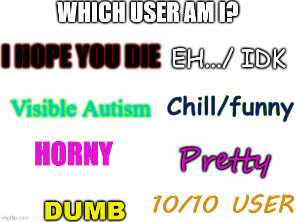 WHICH USER AM I? I HOPE YOU DIE; EH.../ IDK; Visible Autism; Chill/funny; HORNY; Pretty; DUMB; 10/10 USER | image tagged in loli | made w/ Imgflip meme maker