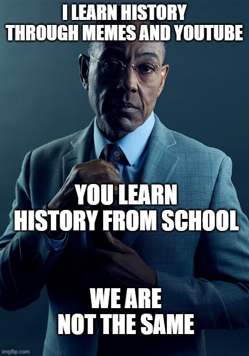 memes are better | I LEARN HISTORY THROUGH MEMES AND YOUTUBE; YOU LEARN HISTORY FROM SCHOOL; WE ARE NOT THE SAME | image tagged in funny | made w/ Imgflip meme maker