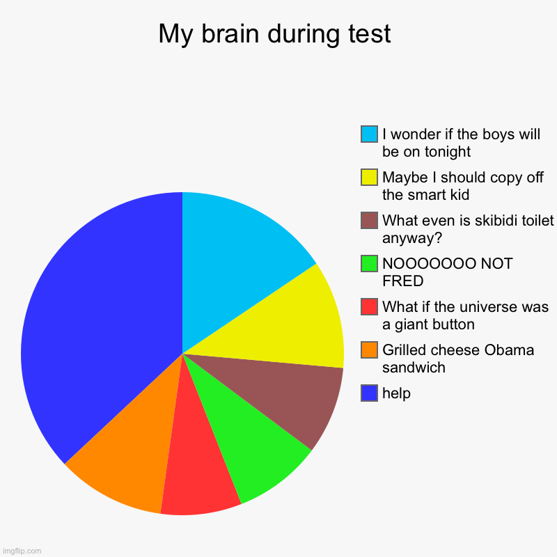 My brain during test | help, Grilled cheese Obama sandwich, What if the universe was a giant button, NOOOOOOO NOT FRED, What even is skibidi | image tagged in charts,pie charts | made w/ Imgflip chart maker