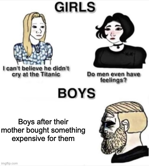real kinda since i saw yt short about it | Boys after their mother bought something expensive for them | image tagged in do men even have feelings,memes,funny,relatable,damn,sad | made w/ Imgflip meme maker