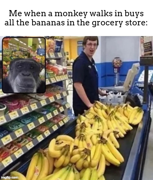 relatable | Me when a monkey walks in buys all the bananas in the grocery store: | image tagged in monkey,banana,food,funny | made w/ Imgflip meme maker