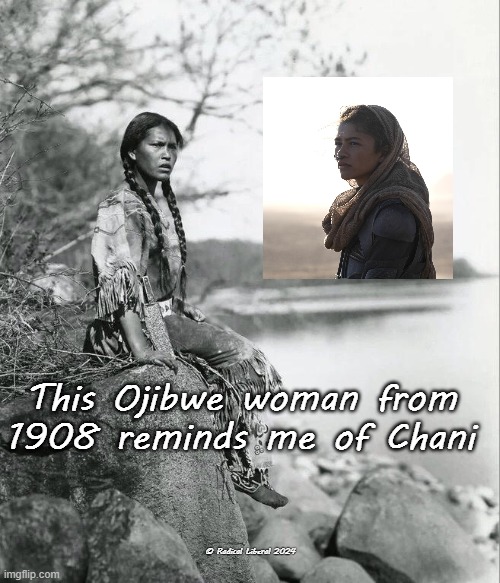 Ojibwe Chani | This Ojibwe woman from 1908 reminds me of Chani; © Radical Liberal 2024 | image tagged in chani,dune,ojibwe,beautiful women,strong women | made w/ Imgflip meme maker