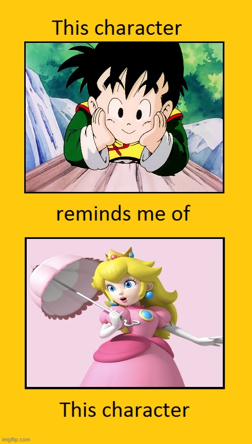 gohan reminds me of princess peach | image tagged in this character reminds me of this character,gohan,princess peach,dragon ball z,super mario bros,they're the same picture | made w/ Imgflip meme maker