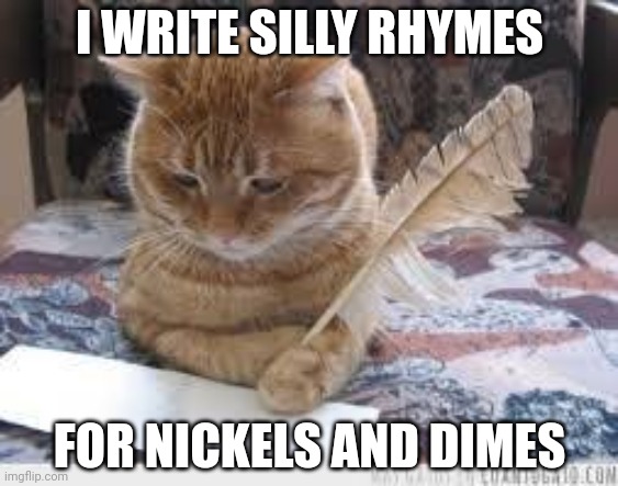writer cat | I WRITE SILLY RHYMES; FOR NICKELS AND DIMES | image tagged in writer cat | made w/ Imgflip meme maker