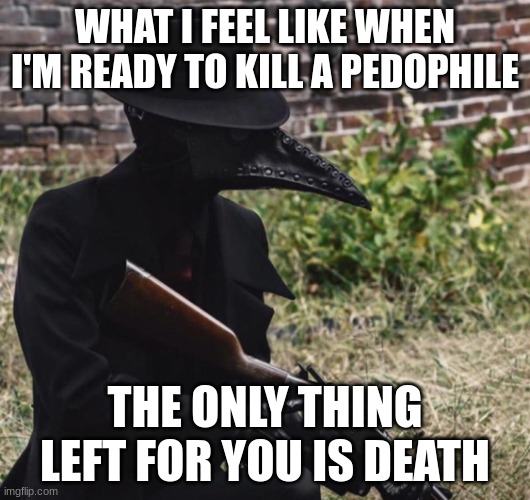 pedos man | WHAT I FEEL LIKE WHEN I'M READY TO KILL A PEDOPHILE; THE ONLY THING LEFT FOR YOU IS DEATH | image tagged in plague doctor with gun | made w/ Imgflip meme maker