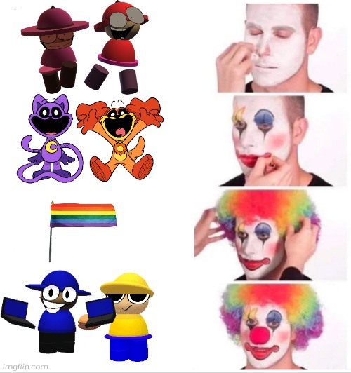 Clown bombu and bamburg | image tagged in memes,clown applying makeup,catnap and dogday,banbodi and bambox,bombu and bamburg,vs banbodi | made w/ Imgflip meme maker