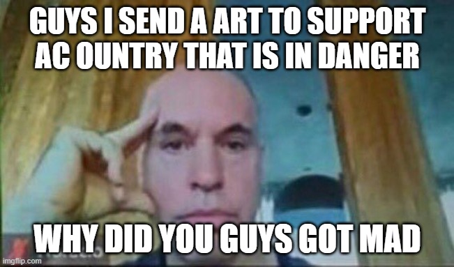 Horacio zoom call | GUYS I SEND A ART TO SUPPORT AC OUNTRY THAT IS IN DANGER; WHY DID YOU GUYS GOT MAD | image tagged in horacio zoom call | made w/ Imgflip meme maker
