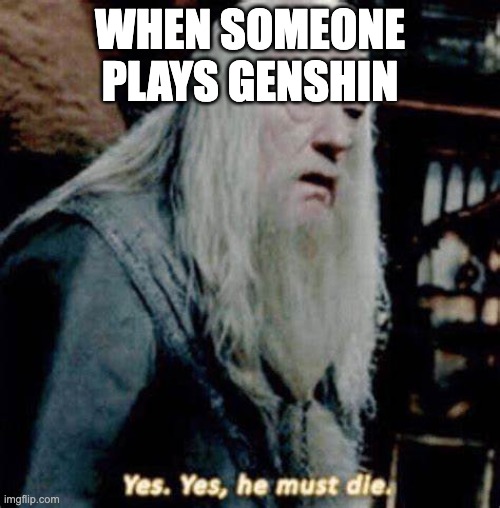 stop playing | WHEN SOMEONE PLAYS GENSHIN | image tagged in dumbledore yes yes he must die | made w/ Imgflip meme maker