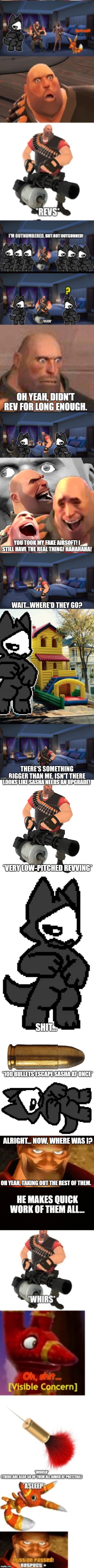 U P G R A D E | LOOKS LIKE SASHA NEEDS AN UPGRADE! *VERY LOW-PITCHED REVVING*; SHIT... *100 BULLETS ESCAPE SASHA AT ONCE*; ALRIGHT... NOW, WHERE WAS I? OH YEAH, TAKING OUT THE REST OF THEM. | image tagged in heavy,latex dark wolf,bullet png,creepy smile heavy tf2 | made w/ Imgflip meme maker