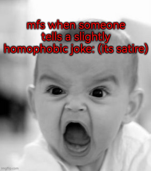 Screaming manchild | mfs when someone tells a slightly homophobic joke: (its satire) | image tagged in angry baby,angry manchild,crybaby snowflakes | made w/ Imgflip meme maker