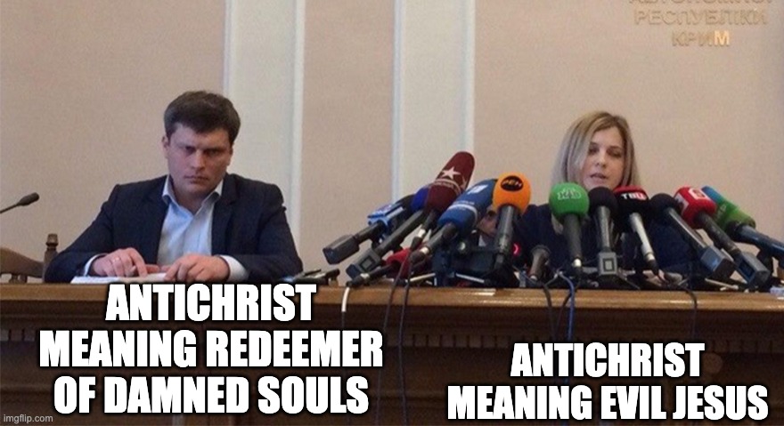Man and woman microphone | ANTICHRIST MEANING REDEEMER OF DAMNED SOULS; ANTICHRIST MEANING EVIL JESUS | image tagged in man and woman microphone,hazbin hotel | made w/ Imgflip meme maker