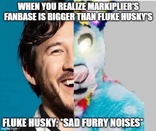 when you realise markplier is more famous then fluke husky | WHEN YOU REALIZE MARKIPLIER'S FANBASE IS BIGGER THAN FLUKE HUSKY'S; FLUKE HUSKY: *SAD FURRY NOISES* | image tagged in half markipiler half fluke husky template | made w/ Imgflip meme maker