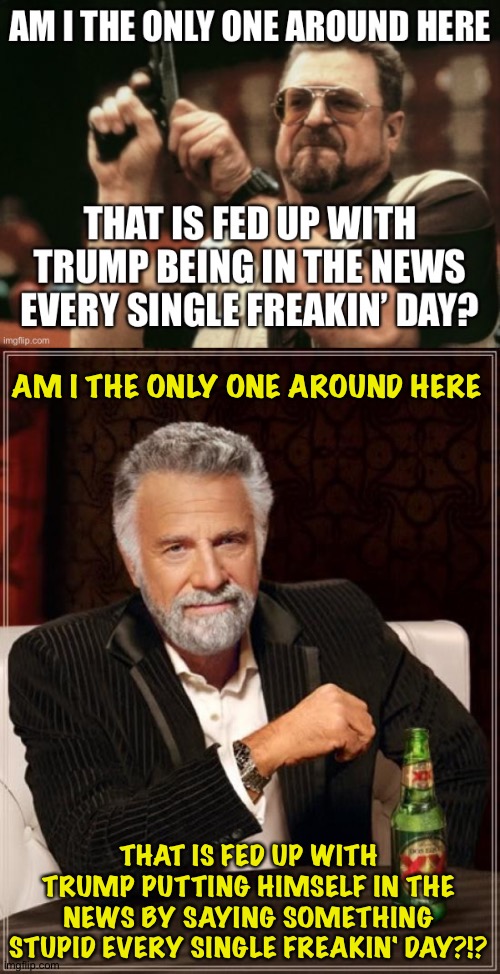 It's not like he's avoiding cameras | AM I THE ONLY ONE AROUND HERE; THAT IS FED UP WITH TRUMP PUTTING HIMSELF IN THE NEWS BY SAYING SOMETHING STUPID EVERY SINGLE FREAKIN' DAY?!? | image tagged in memes,the most interesting man in the world | made w/ Imgflip meme maker