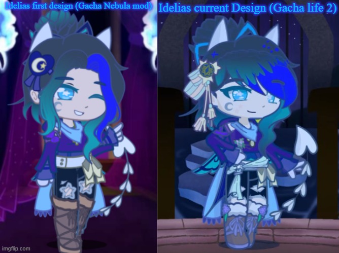 Okay but why does Idelias first design and current design feel like they have such different vibes | Idelias current Design (Gacha life 2); Idelias first design (Gacha Nebula mod) | image tagged in gacha,ocs | made w/ Imgflip meme maker