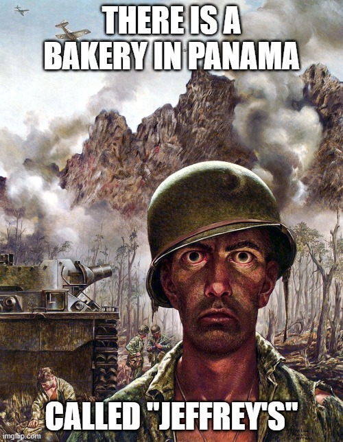1000 yard stare | THERE IS A BAKERY IN PANAMA; CALLED "JEFFREY'S" | image tagged in 1000 yard stare | made w/ Imgflip meme maker