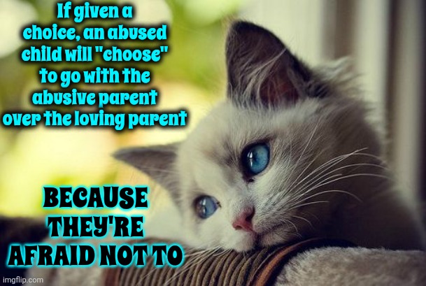Staying MIGHT Get You Murdered But, He Promises, Leaving Most Definately WILL And You Have NO Reason NOT To Believe Him | If given a choice, an abused child will "choose" to go with the abusive parent over the loving parent; BECAUSE THEY'RE AFRAID NOT TO | image tagged in memes,first world problems cat,domestic abuse,malignant narcissist,toxic masculinity,child abuse | made w/ Imgflip meme maker