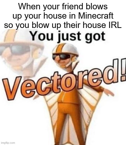 You just got vectored! | When your friend blows up your house in Minecraft so you blow up their house IRL | image tagged in you just got vectored | made w/ Imgflip meme maker