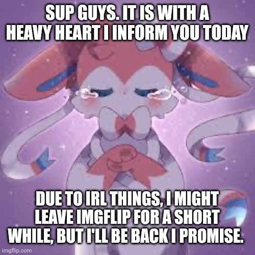 Update me on any drama when I'm back okay | SUP GUYS. IT IS WITH A HEAVY HEART I INFORM YOU TODAY; DUE TO IRL THINGS, I MIGHT LEAVE IMGFLIP FOR A SHORT WHILE, BUT I'LL BE BACK I PROMISE. | image tagged in sad sylveon | made w/ Imgflip meme maker