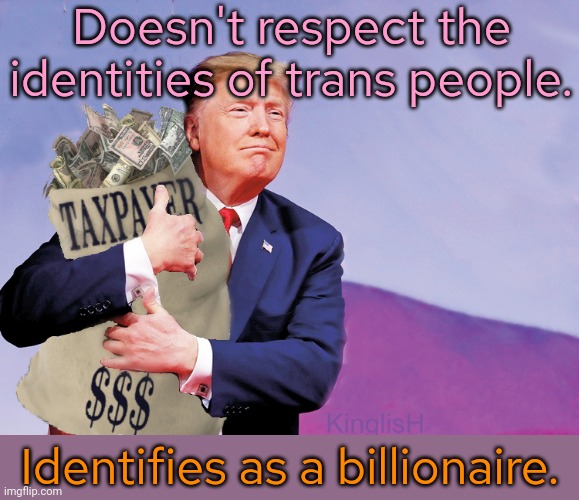 Transfinancial? | Doesn't respect the identities of trans people. Identifies as a billionaire. | image tagged in greedy donald,who am i,i am once again asking for your financial support,identity crisis,delusion | made w/ Imgflip meme maker