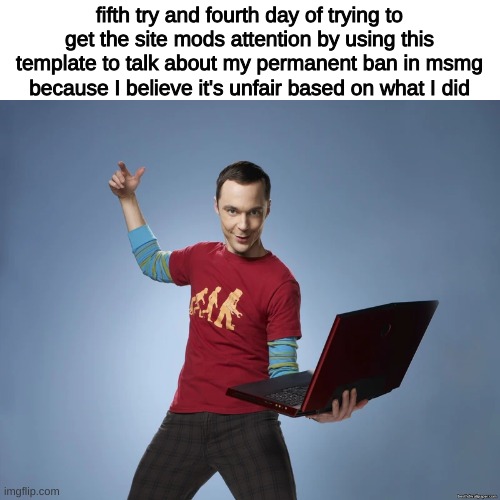 Um yuh | fifth try and fourth day of trying to get the site mods attention by using this template to talk about my permanent ban in msmg because I believe it's unfair based on what I did | image tagged in sheldon cooper laptop | made w/ Imgflip meme maker