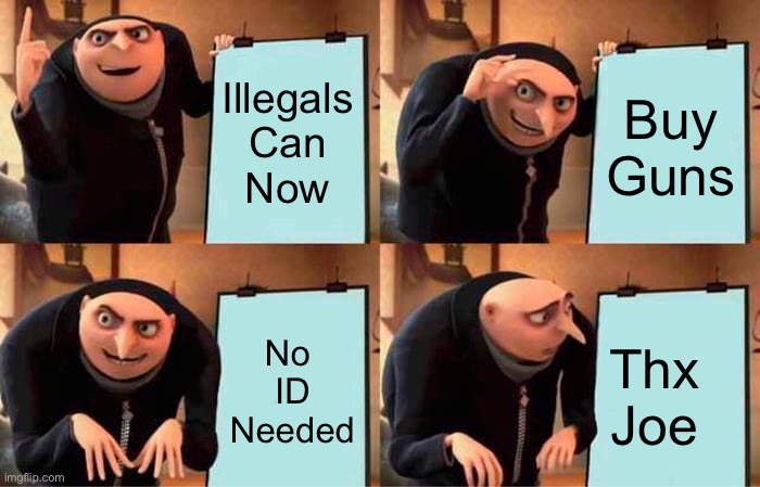 Buying guns | Illegals
Can
Now; Buy
Guns; No 
ID
Needed; Thx
Joe | image tagged in memes,gru's plan,funny,drake hotline bling | made w/ Imgflip meme maker