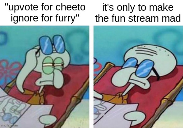 image title | "upvote for cheeto ignore for furry"; it's only to make the fun stream mad | image tagged in squidward don't care,memes,fun stream | made w/ Imgflip meme maker