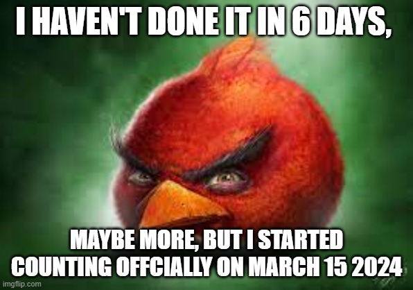 Realistic Red Angry Birds | I HAVEN'T DONE IT IN 6 DAYS, MAYBE MORE, BUT I STARTED COUNTING OFFCIALLY ON MARCH 15 2024 | image tagged in realistic red angry birds | made w/ Imgflip meme maker