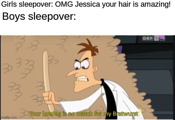 Boys lets confuse the girls #003 | Girls sleepover: OMG Jessica your hair is amazing! Boys sleepover:; ! | image tagged in blank white template,your hot dog is no match for my bratwurst,boys lets confuse the girls | made w/ Imgflip meme maker