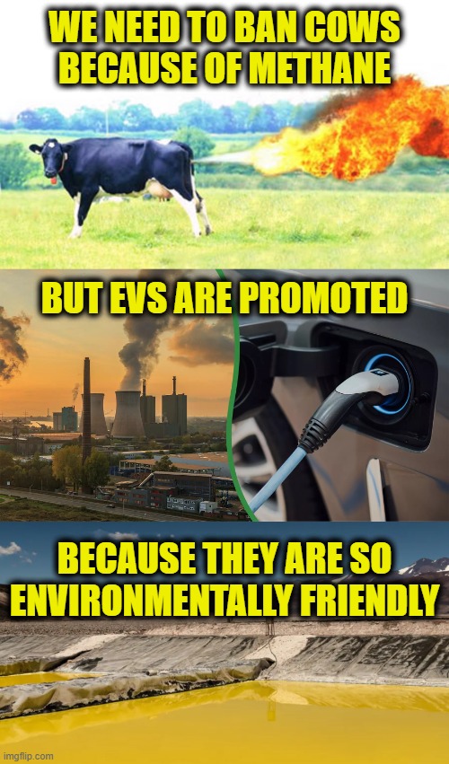 More Leftist Logic | WE NEED TO BAN COWS
BECAUSE OF METHANE; BUT EVS ARE PROMOTED; BECAUSE THEY ARE SO
ENVIRONMENTALLY FRIENDLY | image tagged in climate change | made w/ Imgflip meme maker