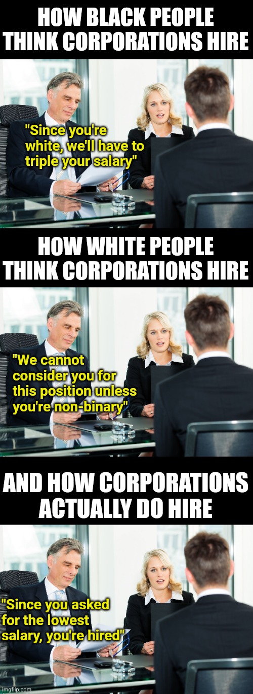 Corporate politics is a very different animal... including their hiring practices. | HOW BLACK PEOPLE THINK CORPORATIONS HIRE; "Since you're white, we'll have to triple your salary"; HOW WHITE PEOPLE THINK CORPORATIONS HIRE; "We cannot consider you for this position unless you're non-binary"; AND HOW CORPORATIONS ACTUALLY DO HIRE; "Since you asked for the lowest salary, you're hired" | image tagged in job interview,jobs,hypocrisy,expectation vs reality,culture,corporations | made w/ Imgflip meme maker