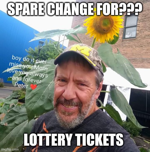 Spare Change For?? | SPARE CHANGE FOR??? LOTTERY TICKETS | image tagged in peter plant,lottery,tickets,change,funny memes | made w/ Imgflip meme maker