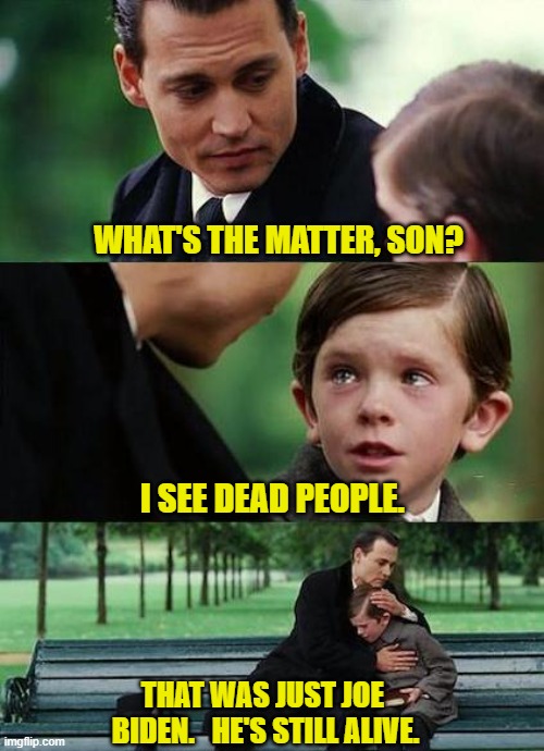 He's Alive! | WHAT'S THE MATTER, SON? I SEE DEAD PEOPLE. THAT WAS JUST JOE 
BIDEN.   HE'S STILL ALIVE. | image tagged in crying-boy-on-a-bench,haley joel osment,johnny depp,joe biden,dead,i see dead people | made w/ Imgflip meme maker